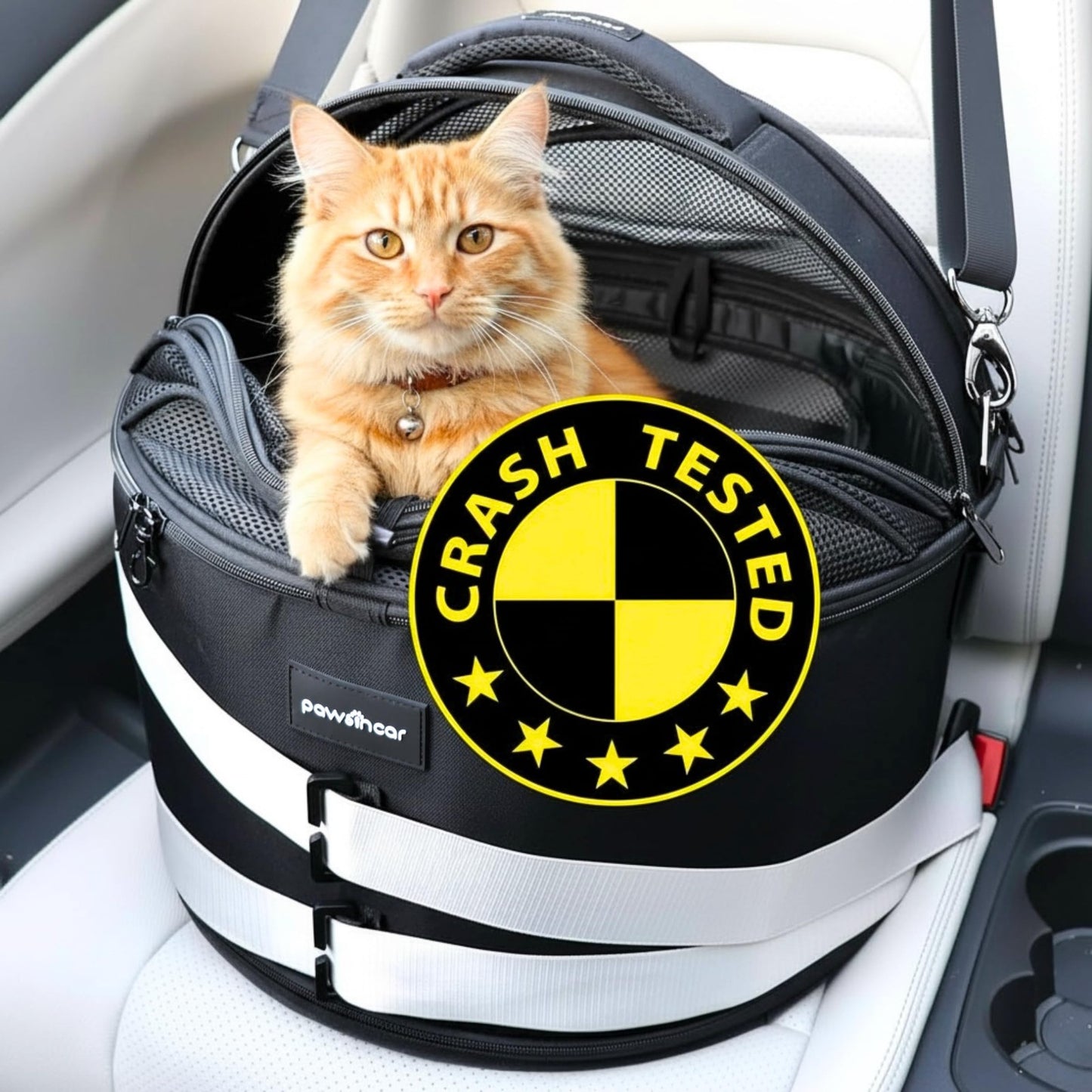 Crash Tested Cat & Dog Car Seat Enclosed Bed Round Carrier PawsInCar 3-in-1